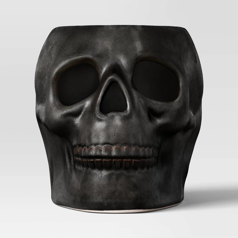 6.12"x8.25" Large Patina Pillar Ceramic Skull Candle Holder Black - Threshold - Bellso